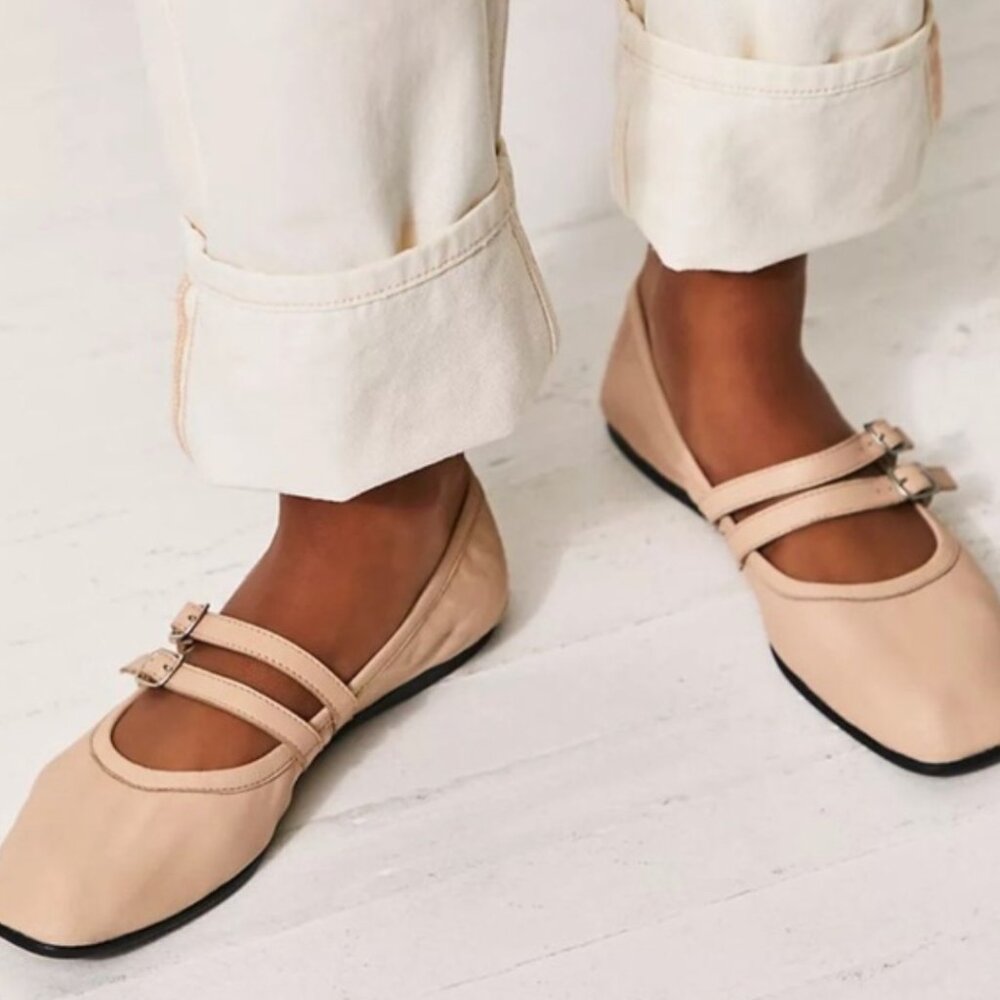 Free People Tan Ballet Flats with Buckle Straps